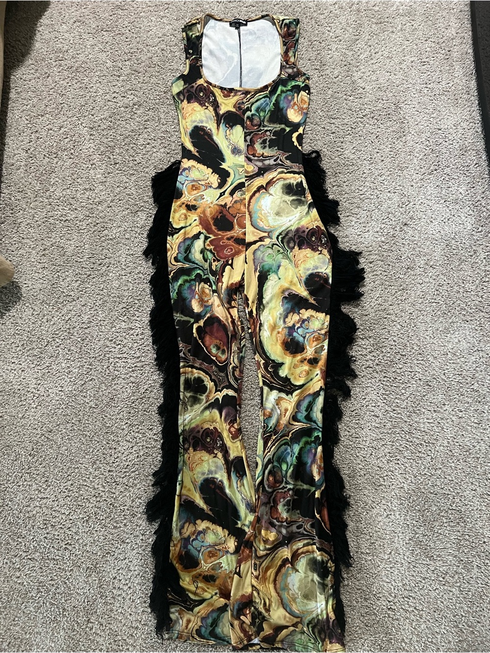 Fashion Nova Multicolor Marble-Print Sleeveless Jumpsuit with Black Fringe - Picture 2 of 4